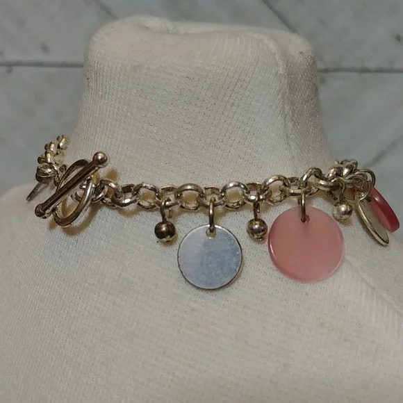 Pink and Silver Toned Circular Dangle Costume Jewelry Toggle Bracelet - Picture 4 of 4